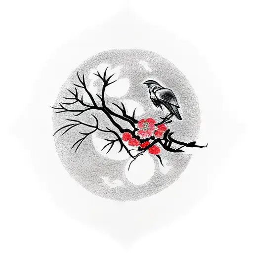 Raven On A Sakura Tree In Front Of A Red Moon