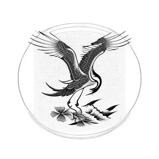 A Majestic Blackwork Tattoo Of A Japanese Crane Perched On A Coffee Cup Surrounded