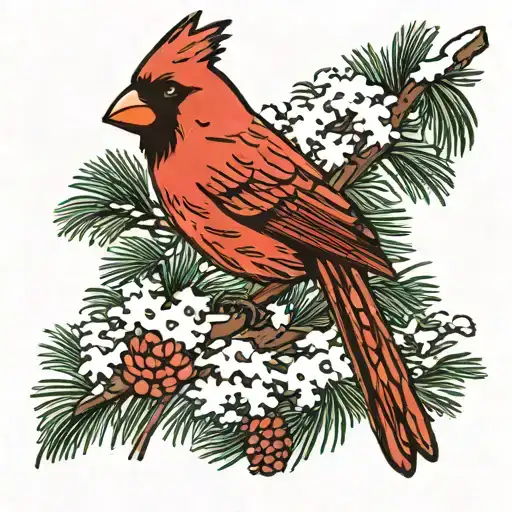 Cardinal On Pine Branch With Snow