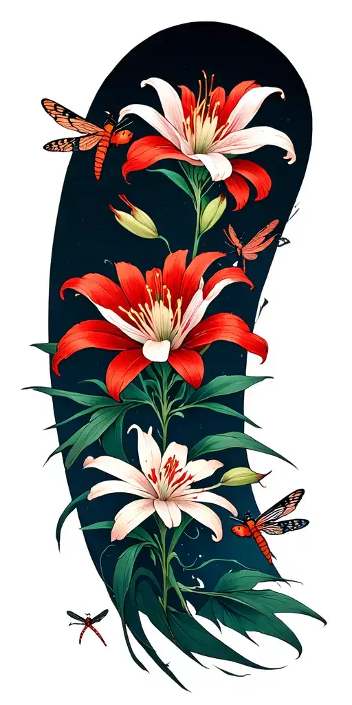 Red Spider Lily With Dragonflys Surrounding It