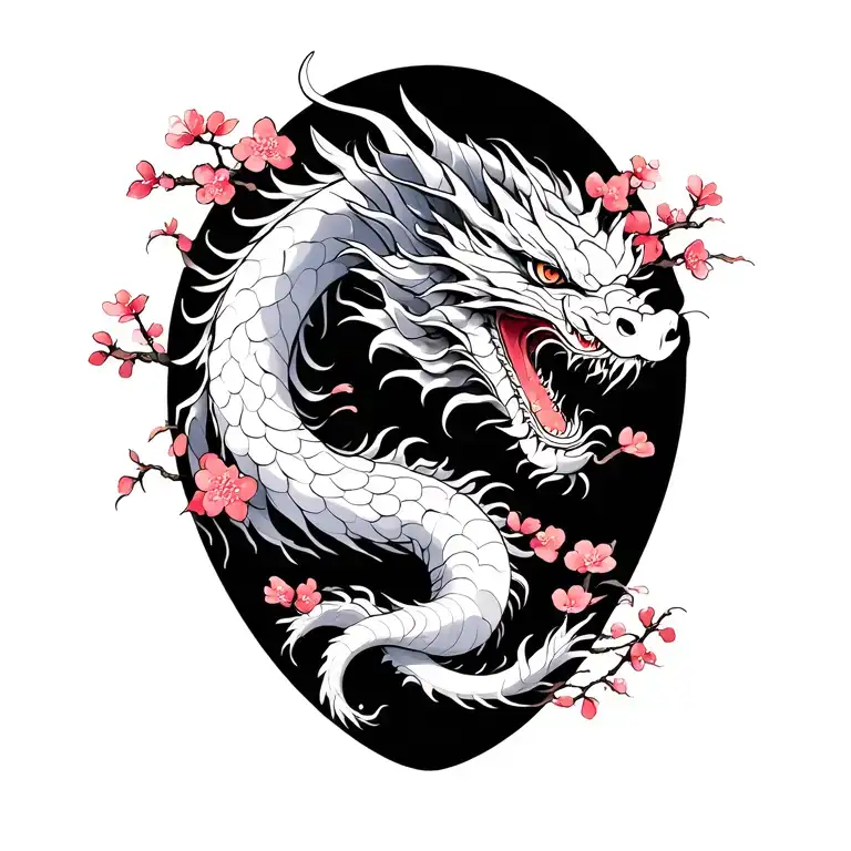 White Dragon With Cherry Blossoms
