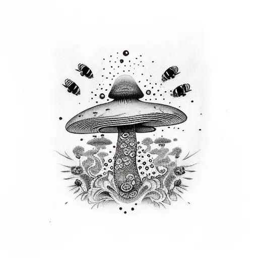 A Psychedelic Mushroom With Eyes And Bees Buzzing Around It