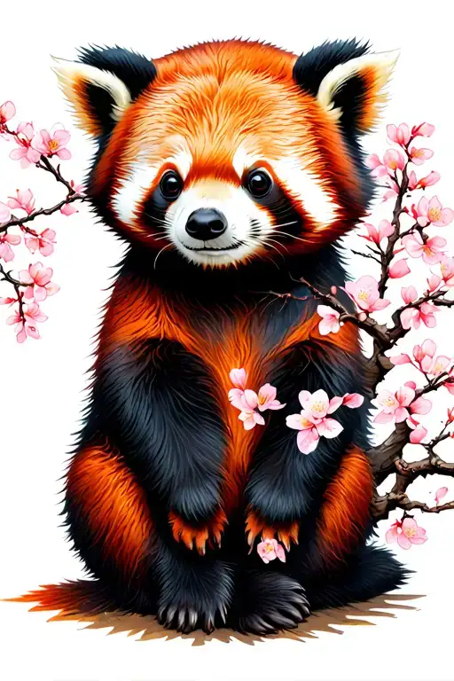 Cherry Blossom Tree And Red Panda Bear Sitting