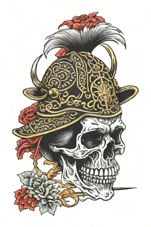 Skull In A Japanese Samurai Helmet In Red And Gold Color