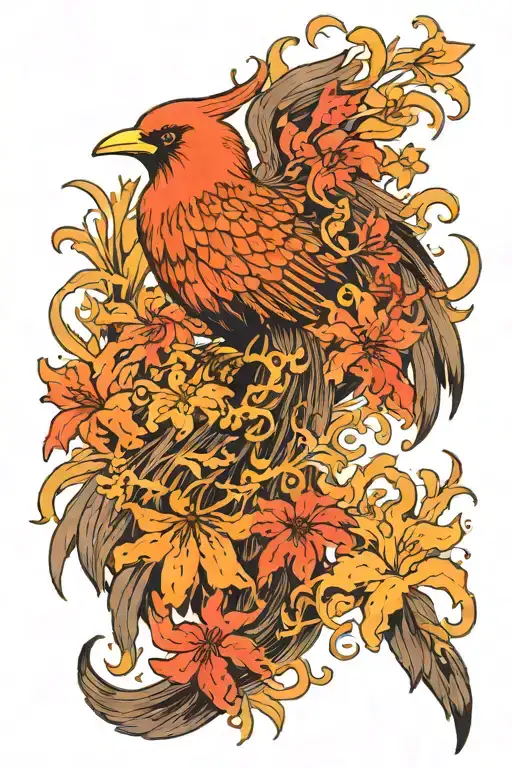 Firebird With A Long Tail Surrounded By Red Spider Lilies On Fire