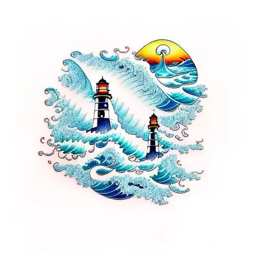 A Traditional-style Seascape With A Vibrant Lighthouse As The Focal Point