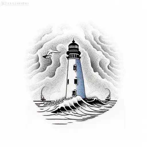 A Traditional-style Seascape With A Vibrant Lighthouse As The Focal Point