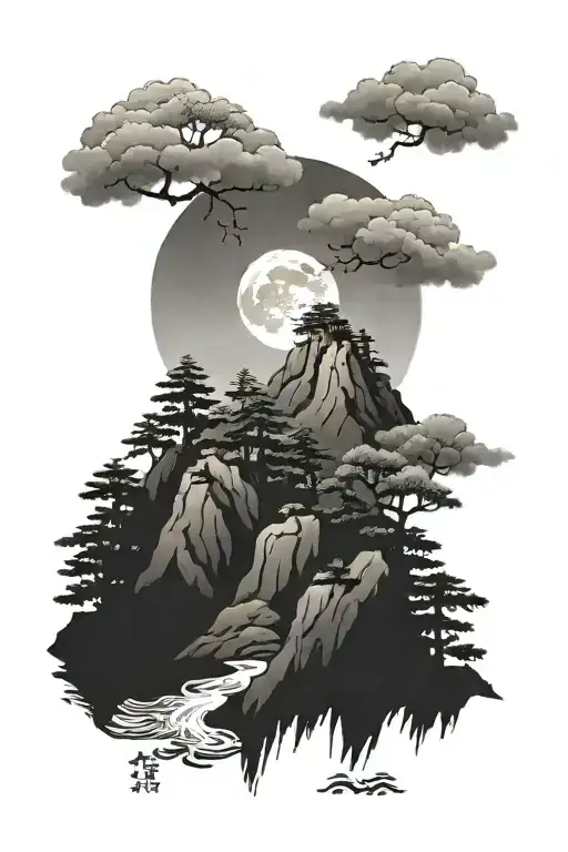 Moutain In A Forest Scene On A Full Moon Night