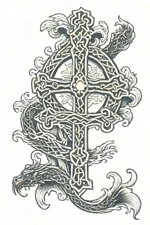 Lilys Surrounding Celtic Cross With Waves And Dragon