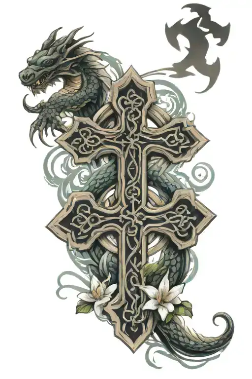 Lily Flowers Surrounding Celtic Cross With Waves And Dragon