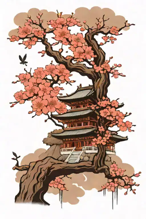 Cherry Blossom Tree With A Korean Temple And Mountains