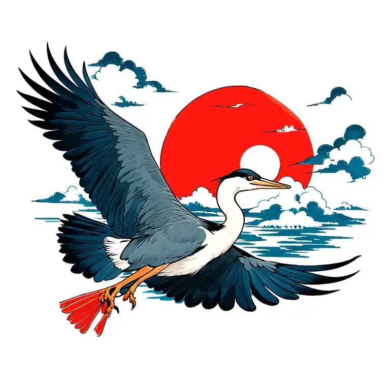 Heron Flying In Front Of A Red Sun With Some Clouds Next To The Sun