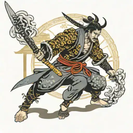 Samurai With Gear With Temple In The Background