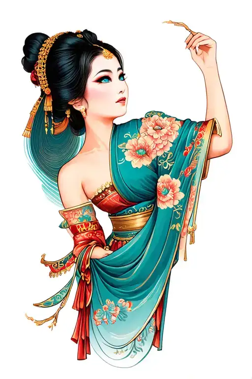 Traditional Thai Woman Posing In Traditional Thai Fashion With Blue Eyes And Black Hair