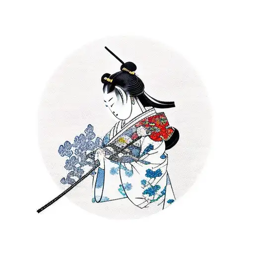 A Japanese-inspired Tattoo Featuring A Samurai Women Surrounded By Sky Of Orchids Flowers