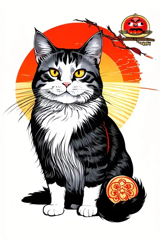 Samurai Exotic Cat And In The Vackground A Nipon Sun And A Daruma