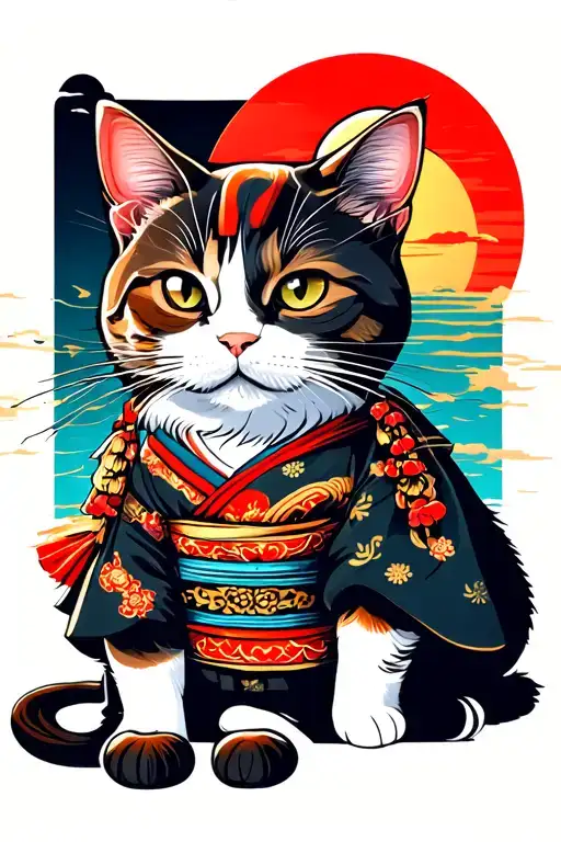 Samurai Exotic Cat With Kimono And In The Background A Nipon Sun And A Daruma