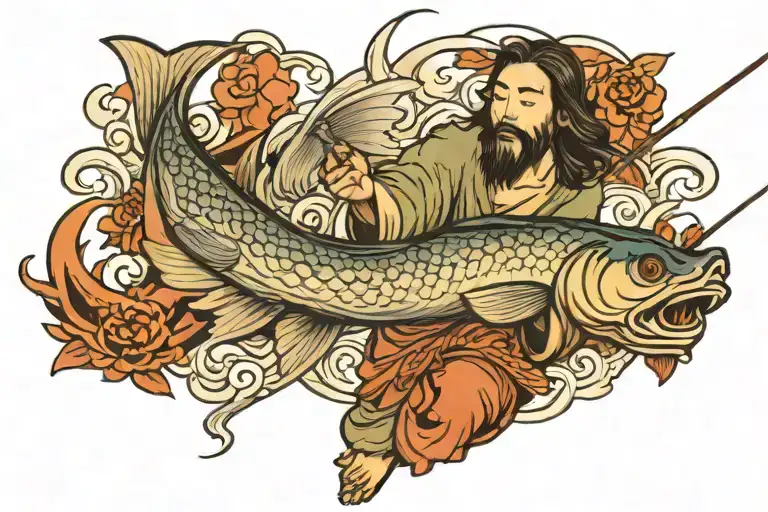 Jesus Fishing And Pulling Up A Fish