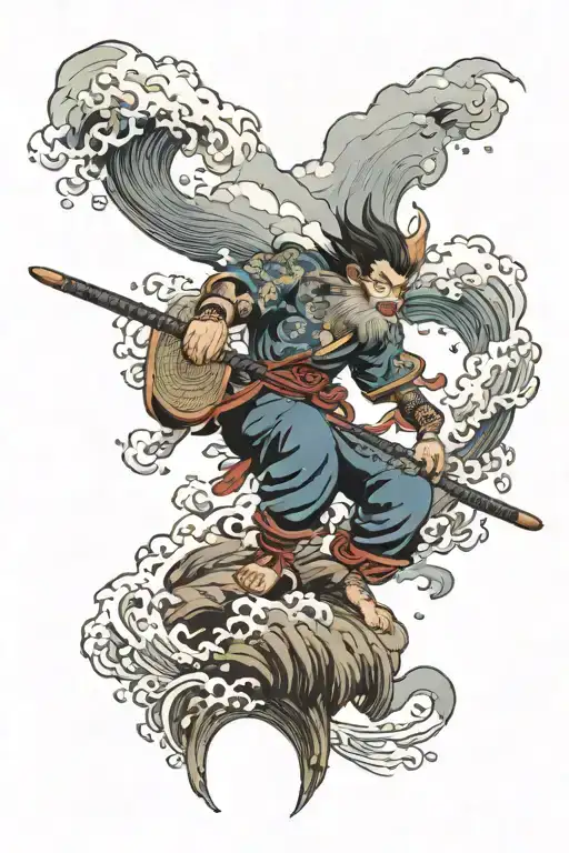 Wukong Rides A Cloud And Glides Over The Water Waves