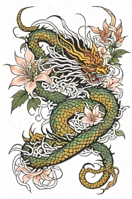 Japanese Dragon With Spider Lily And Spider