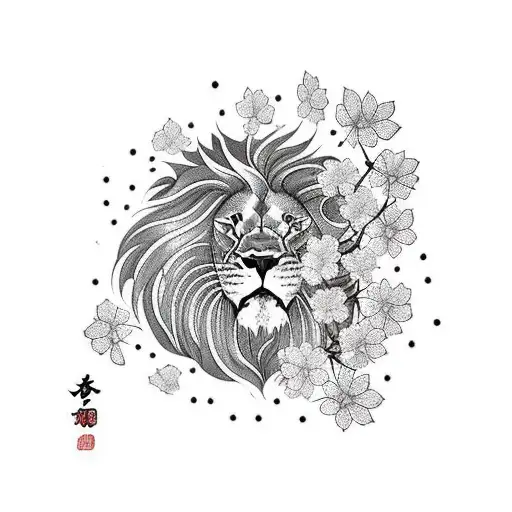Hiding Lion With Falling Cherry Blossom Petals