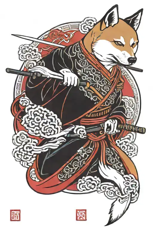 Samurai Shiba Inu Japan Style Tattoo Featuring Colored Red Background