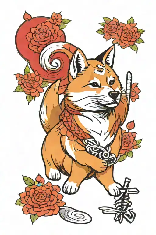 Samurai Shiba Inu Japan Style Tattoo Featuring Colored Red Background