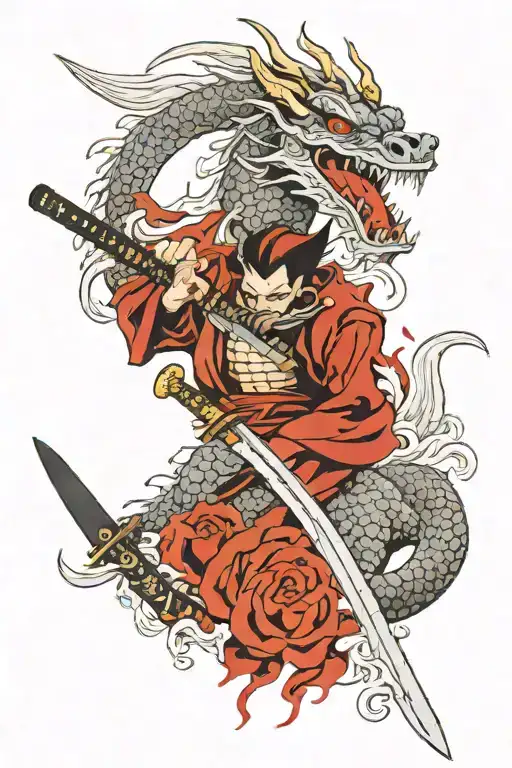 Dragon And Sanurai Mask And Katana Sword