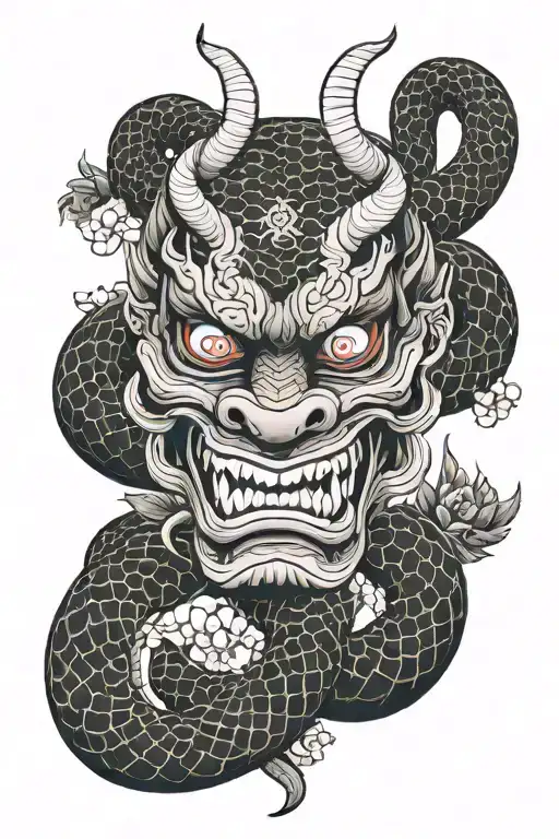 Japanese Traditional Snake And Oni Mask