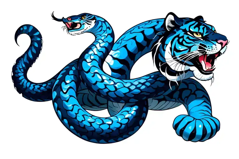 Blue Tiger Fighting Snake Intertwined