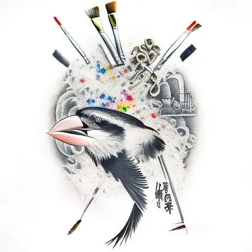 A Crow Perched On A Dental Chair With Paintbrushes In Its Beak
