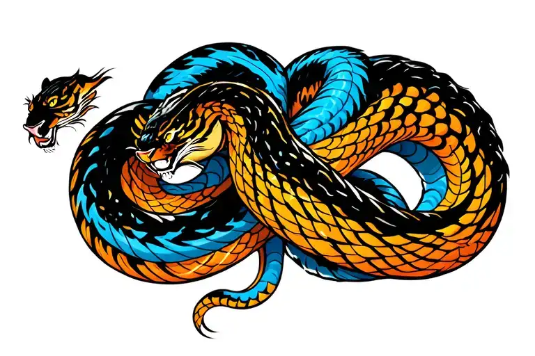 Blue Tiger Fighting Snake Intertwined Representing