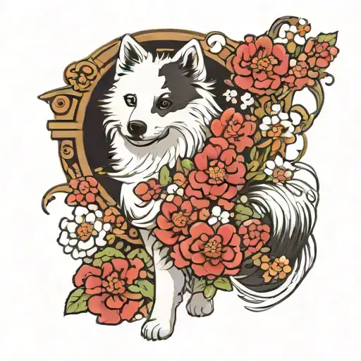 Japanese Spitz Dog With Flowers Coming Together