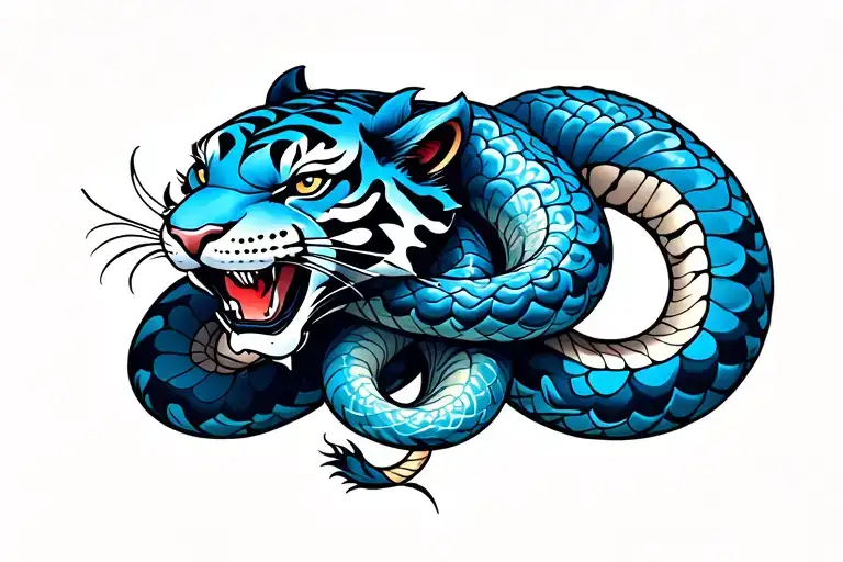 Blue Tiger Fighting Snake Intertwined Representing