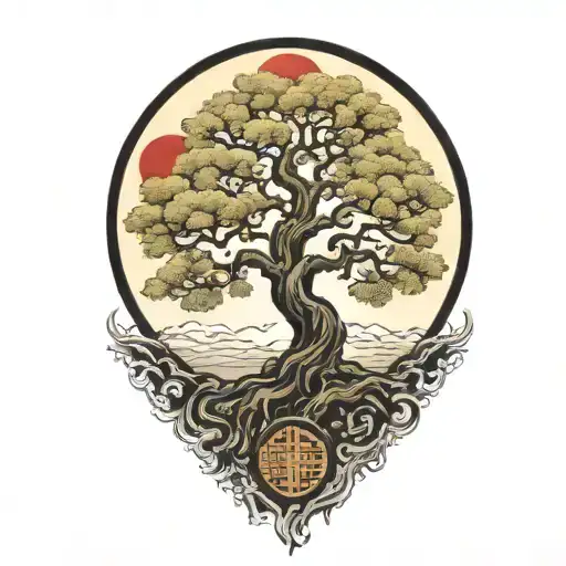 Tree Of Life With Japanese Sun In The Corner