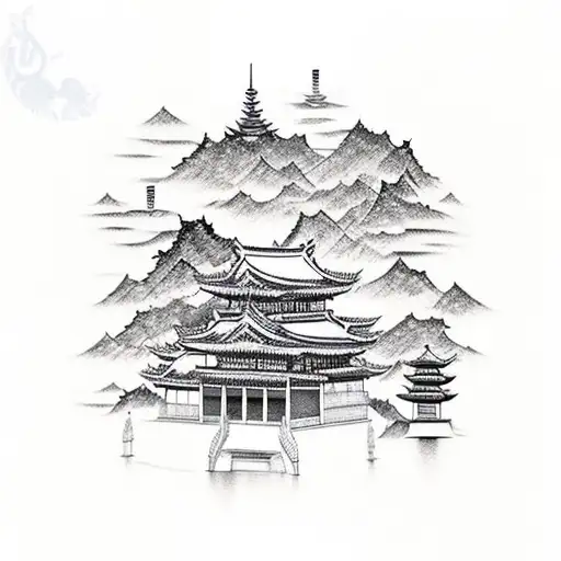 A Dotwork Tattoo Of A Chinese Temple Surrounded By Marine Animals