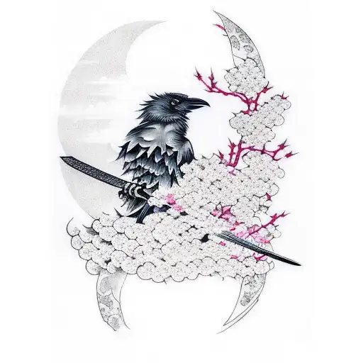 Katana Sword With Raven And Moon With Cherry Blossoms