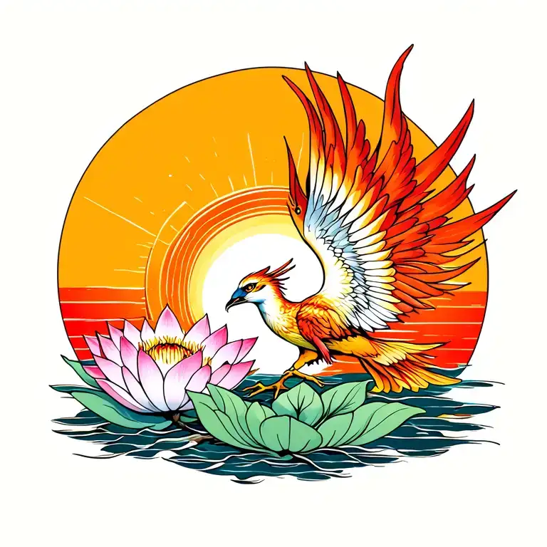 Phoenix Bird Flying Upwards From A Lotus Flower With The Sun In The Background