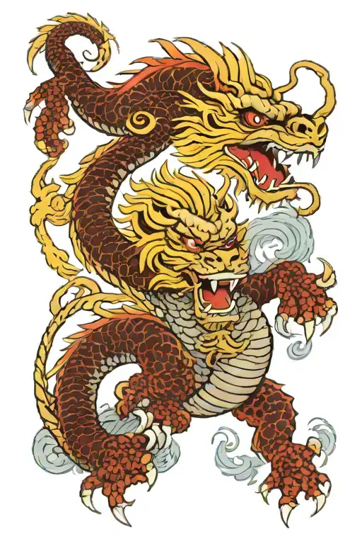 Dragon With Two Monkeys And A Lion