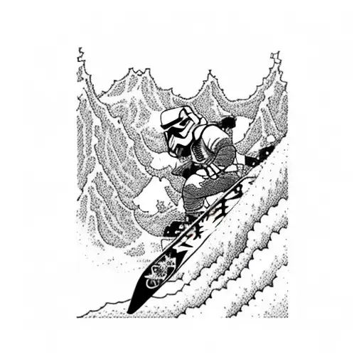 A Blackwork Tattoo Of A Snowboarding Stormtrooper Conquering A Mountain Peak