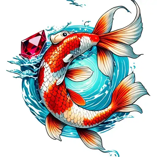 Koi Fish Swimming Around A Ruby Stone