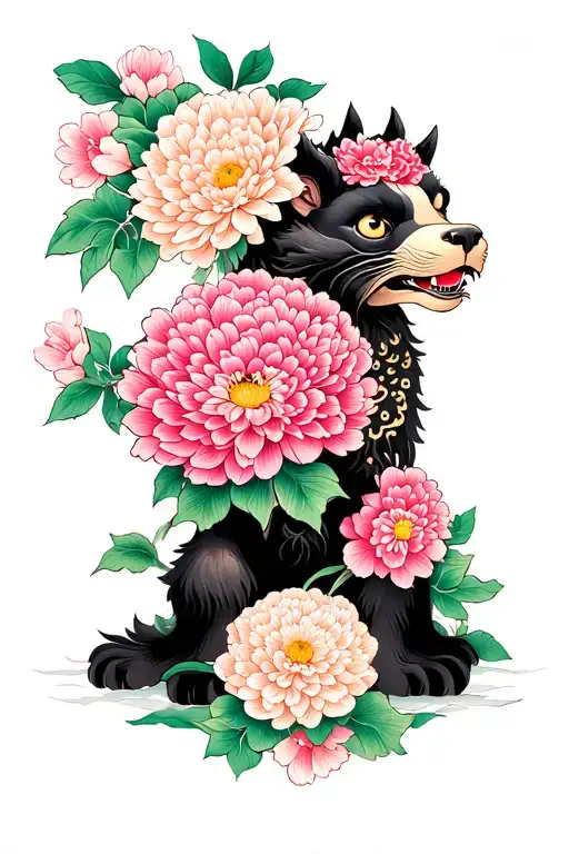 Chrysanthemum Flower Cherry Blossom Peony Foo Dog Male And Female
