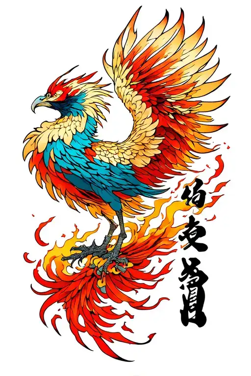 A Tatoo Depicting A Phoenix Rising From Ashes With Kaizen Script In Kanji As A Foear Tatoo