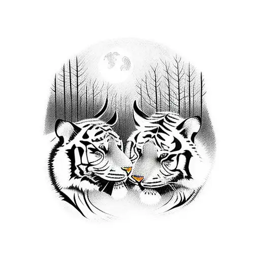 Two Tigers Dancing In The Forest Under A Full Moon
