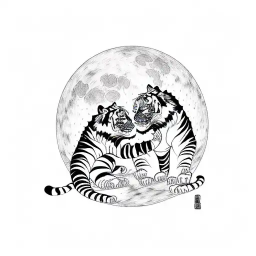 Two Tigers Dancing In The Forest Under A Full Moon