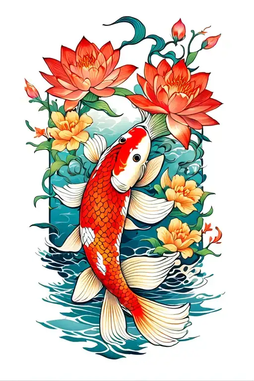 Fish Koi And Flowe Lotos