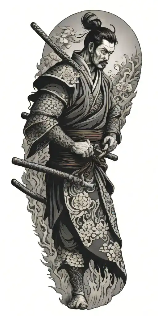 Samurai With His Catana Set On Fire