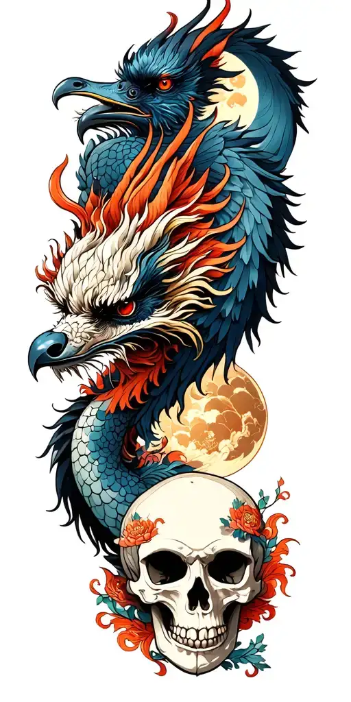 Chinese Dragon And Phoenix And Skull And Moon And Raven