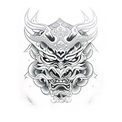 A Demon Mask With Intricate Dotwork Patterns And Japanese Kanji Symbols