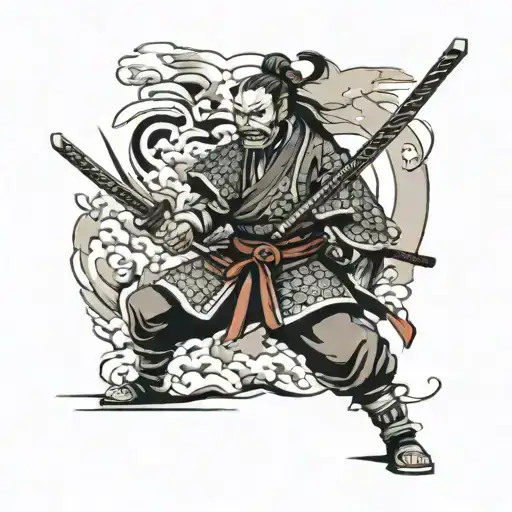 Samurai With Full-length Swords In The Style Of New Japan With A Face Mask